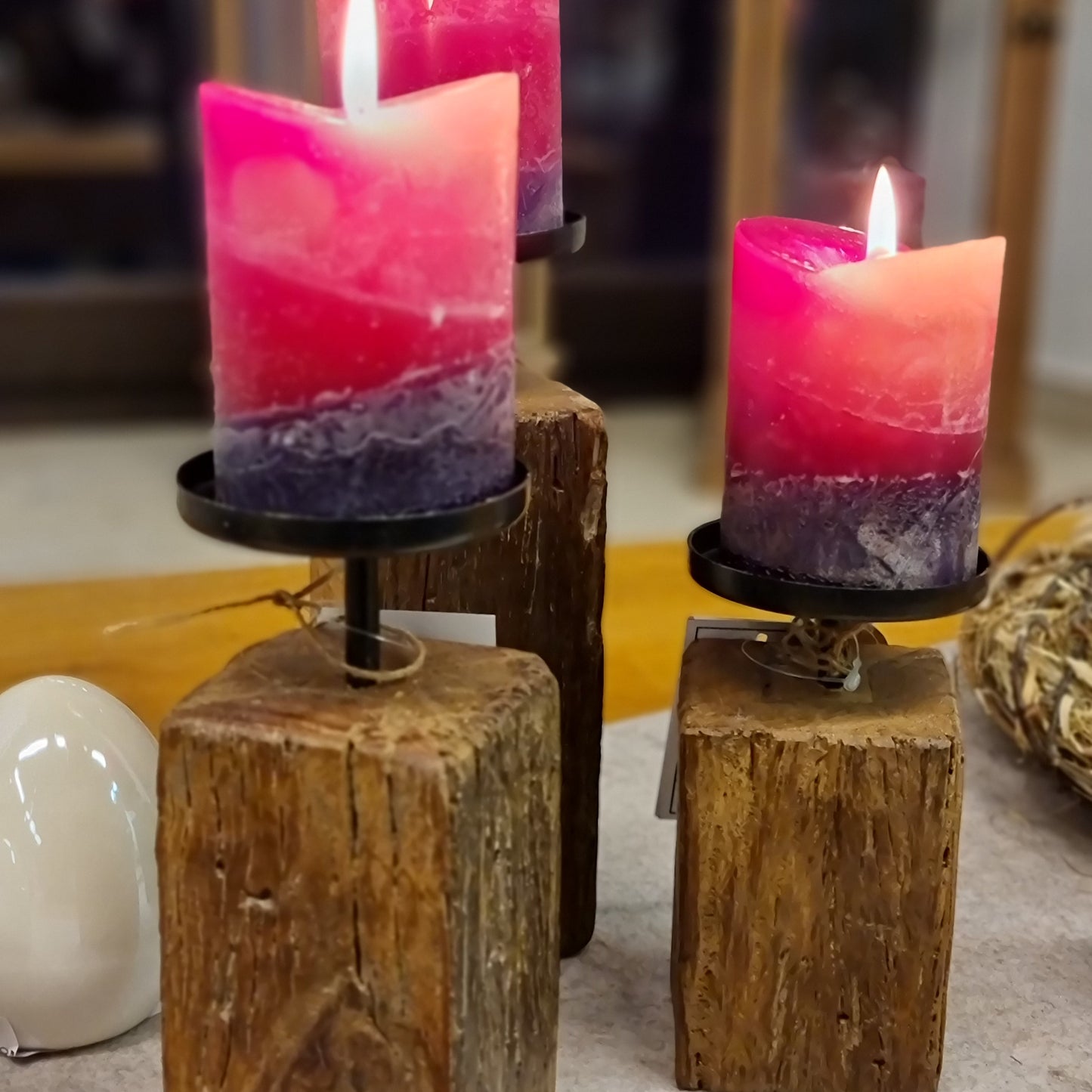 Kerzenhalter-Set - 3-teilig aus Holz mit Metallhalter in rustikaler Ausführung für Stumpen Kerzen