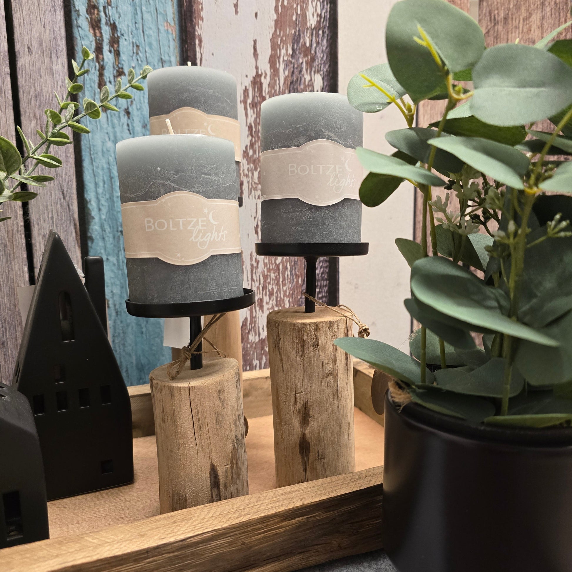 Kerzenhalter-Set aus Holz mit Metallhalter für Stumpenkerzen